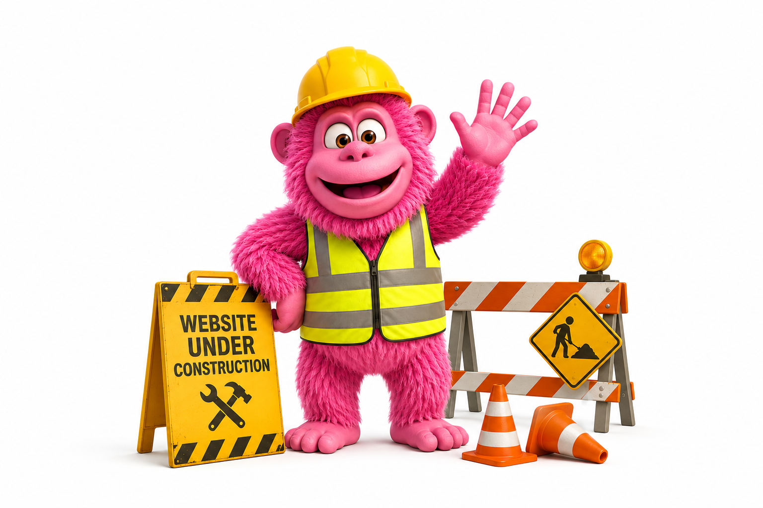 Pink monkey mascot wearing a yellow hard hat and high-visibility vest, waving beside website under construction signs, traffic cones and a construction barrier.