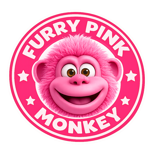 Circular Furry Pink Monkey logo featuring a smiling pink monkey mascot face with white text and star details on a transparent background.