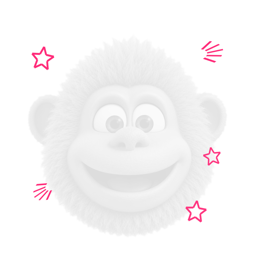Furry Pink Monkey logo: a grey cartoon monkey surrounded by sparkles