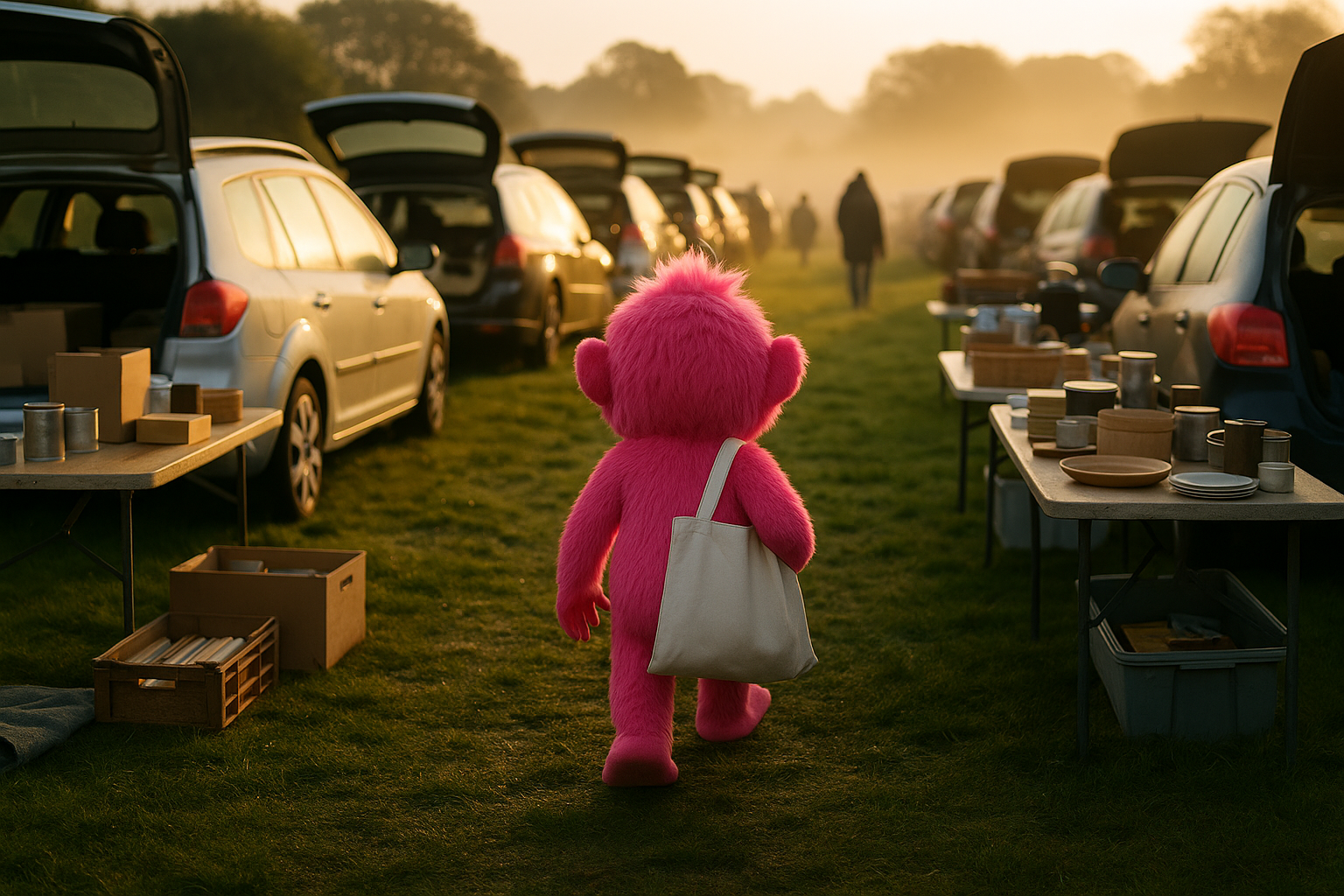 Row of car boot sale stalls in a Sussex field at sunrise with early buyers