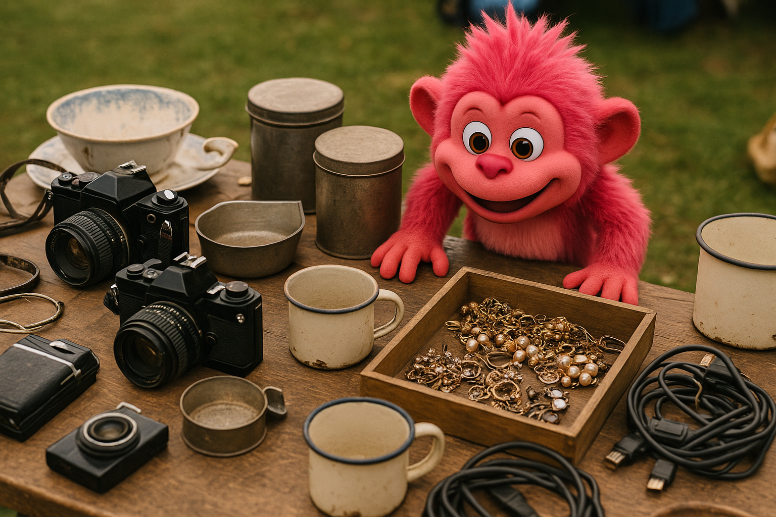 A car boot sale table densely covered with vintage bric-a-brac and second-hand goods