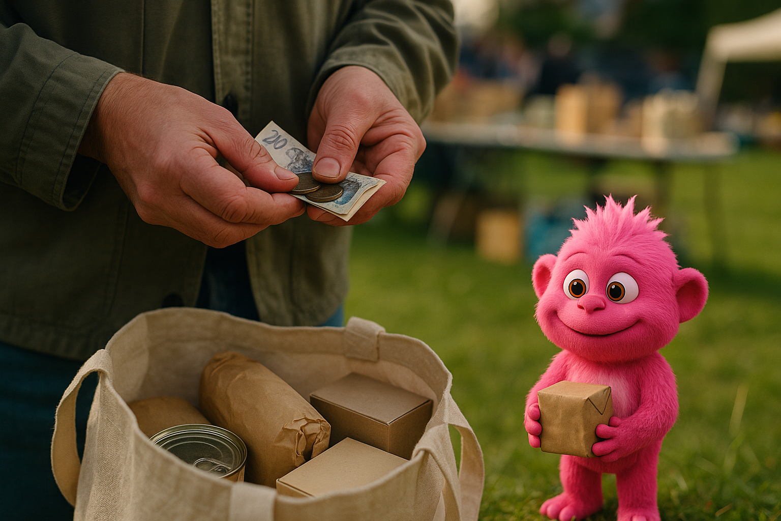 Hands counting cash beside a bag of second-hand finds at a car boot sale