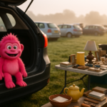 An open car tailgate and laid-out table at a Sussex car boot sale in early morning light