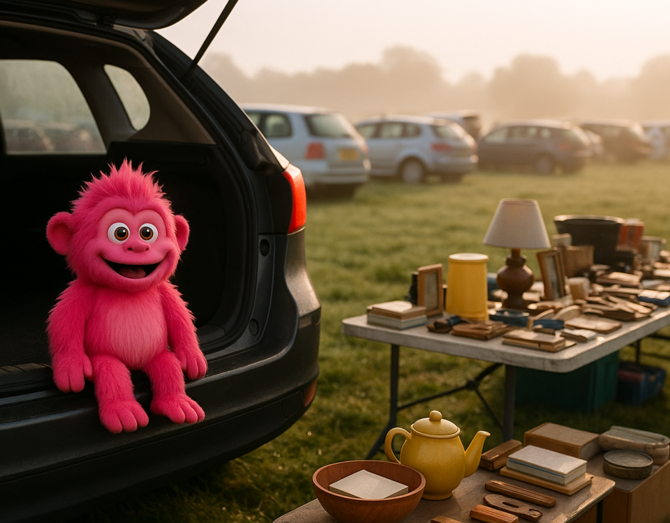 An open car tailgate and laid-out table at a Sussex car boot sale in early morning light