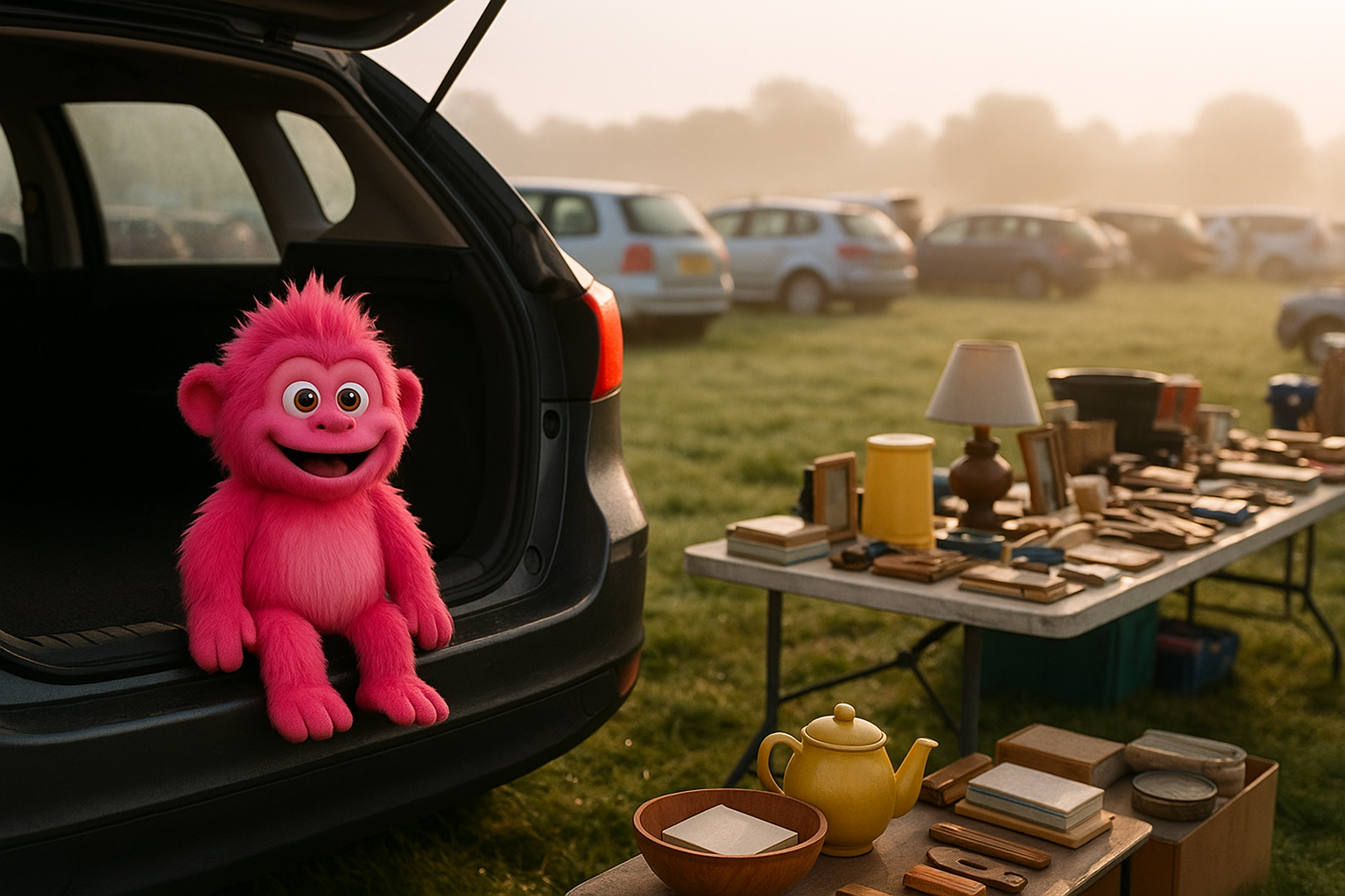 An open car tailgate and laid-out table at a Sussex car boot sale in early morning light