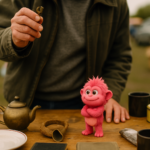 A hand holding up a small object for appraisal above a crowded car boot sale table