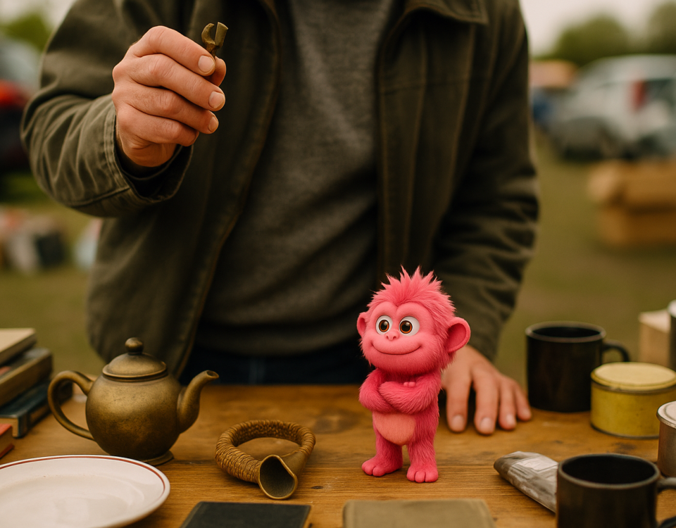 A hand holding up a small object for appraisal above a crowded car boot sale table