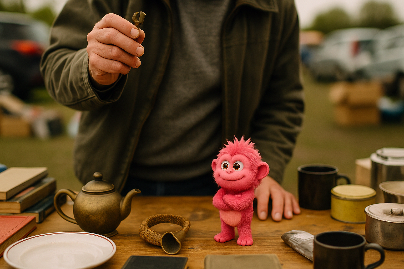 A hand holding up a small object for appraisal above a crowded car boot sale table