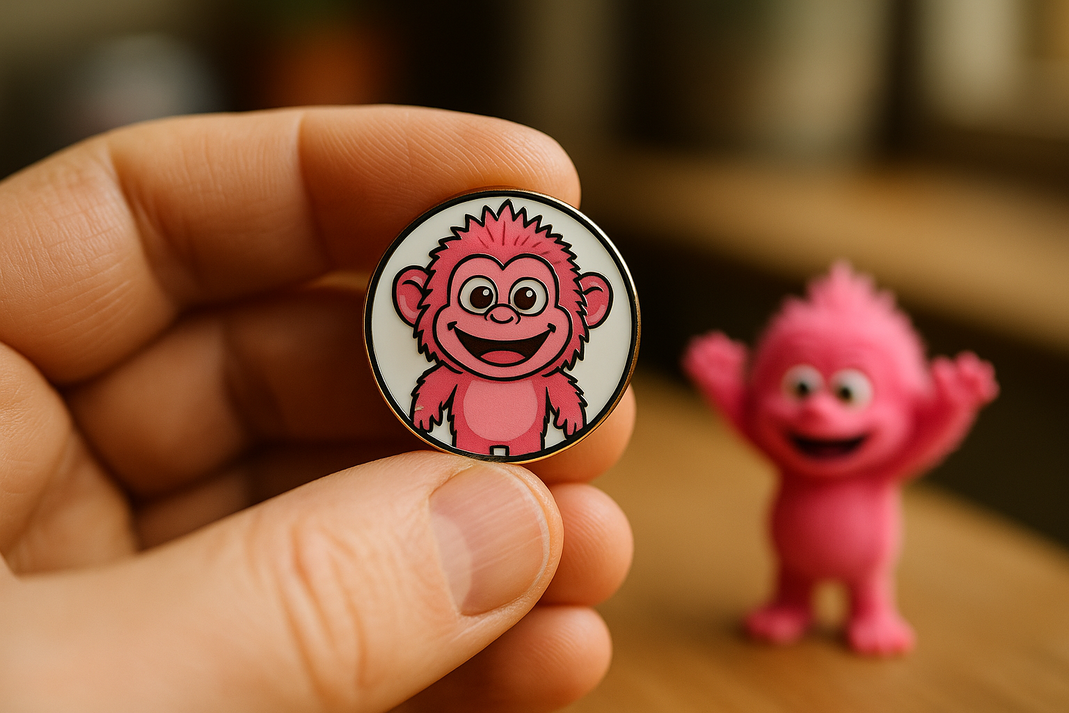 A thumb running across the glossy enamel face of a collector pin to test for ridges