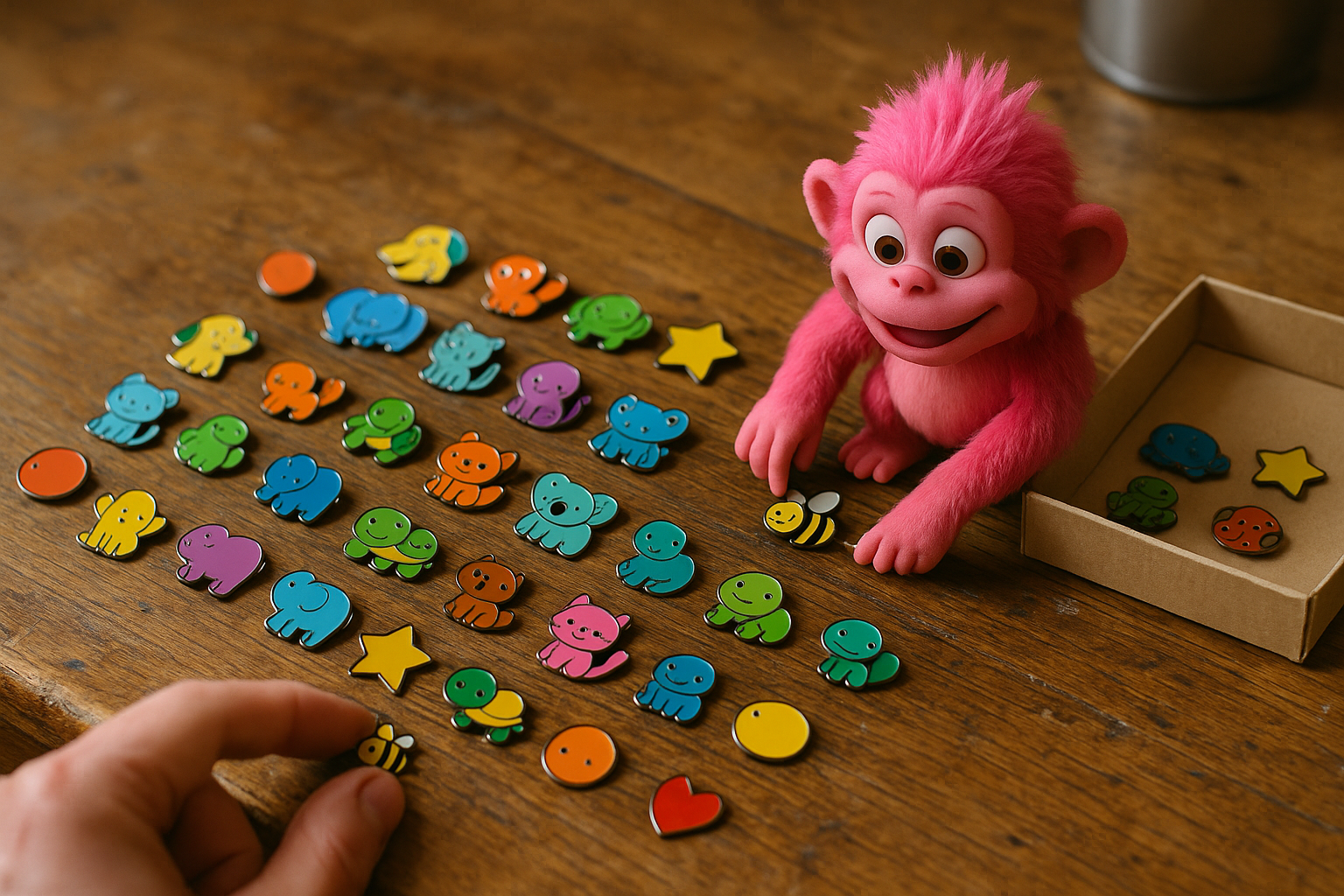 Dozens of enamel collector pins laid out in rows on a wooden table being sorted
